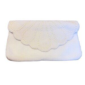 Vintage White Beaded Clutch Scalloped Flap Evening Bag
